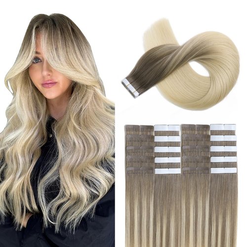 XDhair Invisble Tape in Hair Extensions Human Hair 22 Inch 50g 20pcs Light Brown to Platinum Blonde Invisible Tape in Human Hair Extensions (22, #8/60)