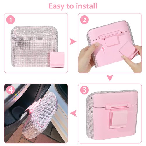 Accmor Bling Car Trash Can with Lid, Leakproof Mini Vehicle Trash Bin Automotive Dustbin Organizer Storage, Sparkling Crystal Rhinestone Trash Bag Container with 30pcs Garbage Bags Car Accessories