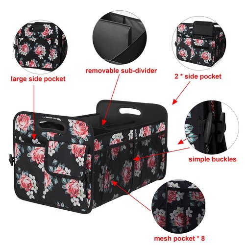 Femuar Car Trunk Organizer,Car Storage Organizer with 72L Large Capacity Waterproof Collapsible and 11 Pockets,Trunk Organizer for Car Suv/Jeep/Sedan, Large Size, Flower