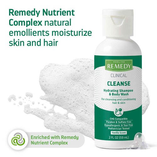 Medline Remedy Clinical Hydrating Shampoo & Body Wash (2 fl oz), 96 Count, Vanilla Scent, Cleanser, No-Rinse, Adults, Kids, Shower Or Bedside, Dimethicone, Sulfate Free