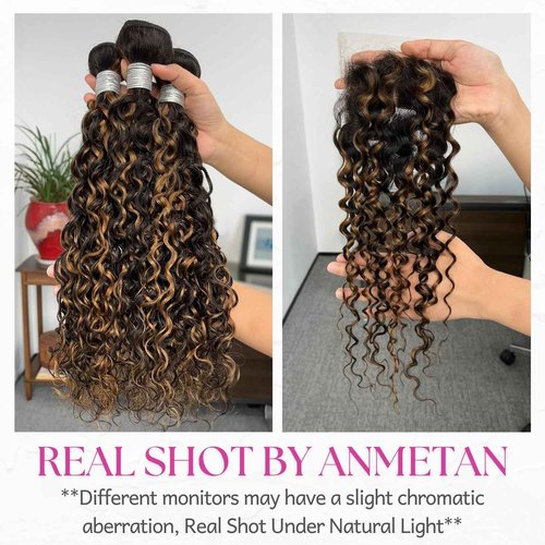 Anmetan Honey Blonde Highlight F1B30 Bundles with Closure Water Wave Human Hair, Soft Wet and Wavy 12A Black and Brown Remy Ombre Color Curly 100% 3 Bundles with 4x4 HD Lace Closure 10 12 14 + 10 In