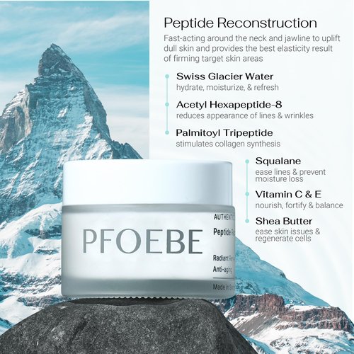 Pfoebe & Co. Peptide Reconstruction Cream | Face, Neck, Jawline, Decolletage | Swiss Glacier Water Infused | Firm & Tighten | Deep Care for Sun Damage | Time-Defying Hydration | Radiant Skin - 50ml