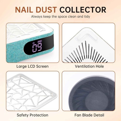 CHRISTINE SHELLY Nail Dust Collector, Cordless Dust Collector Nail Tech, Powerful Vacuum Fan Vent Dust Collector Extractor Dust Suction Machine for Acrylic Nails Polishing, Nail Salon, Lake Blue