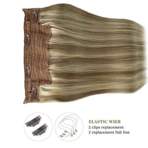 Wire Hair Extensions Real Human Hair, 22 inch 100g Ash Brown Highlighted Golden Blonde Fish Line Hair Extensions Real Human Hair Straight Balayage Invisible Wire Hair