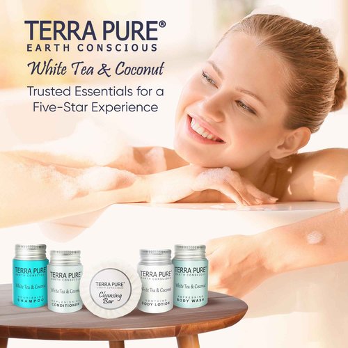 Terra Pure White Tea & Coconut Toiletries Set | 1-Shoppe Amenities Kit | 1oz Liquids, 1.25oz Bar Soap | Hotels, Airbnb & Rentals | 75 Pieces