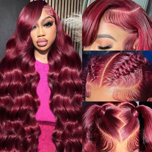 Lukymart 28 Inch 99J Burgundy Lace Front Wigs Human Hair 13x6 HD Transparent Body Wave Lace Front Wigs Pre Plucked 99j Burgundy Red Wine Glueless Human Hair Wigs for Women