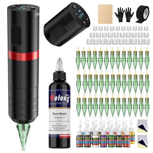 Tattoo Gun,Solong Wireless Tattoo Gun Kit Smart Screen with 40Pcs Tattoo Cartridge Needles 120ML Black Tattoo Ink Complete Tattoo Kit SLE92KITB-2