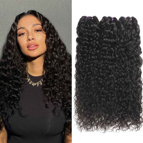 Beauty Queen 16A Raw Hair Water Wave Bundles 14 16 18 Inch 3 Bundles 100% Unprocessed Brazilian Virgin Hair Bundles Quick Weaves Water Curly Hair Extensions Natural Black