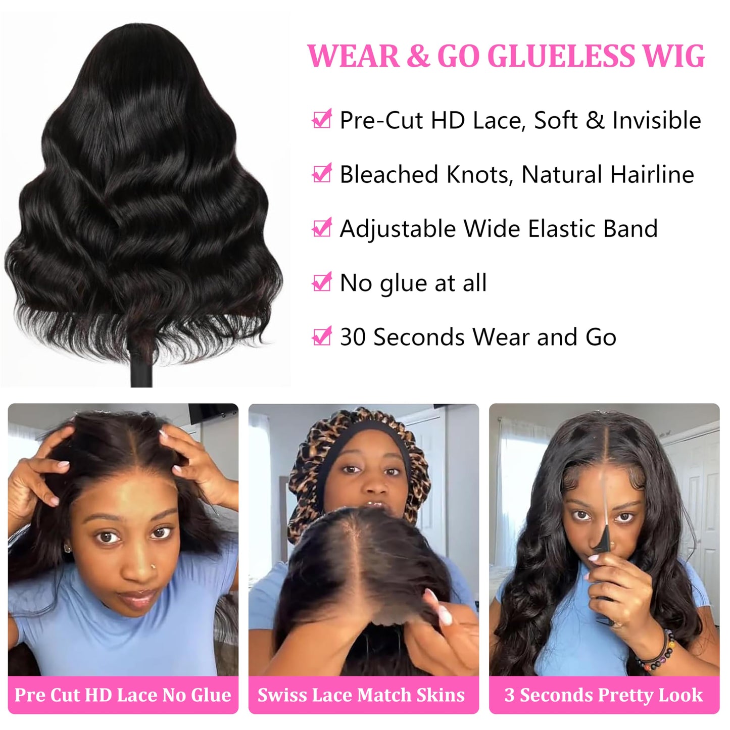 Puhasty 7x5 HD Lace Closure Glueless Wigs Human Hair Wear and GO Pre Plucked Pre Cut 200% Density Glueless Wig 22Inch Body Wave Lace Front Wigs with Baby Hair for Black Women Natural Hairline