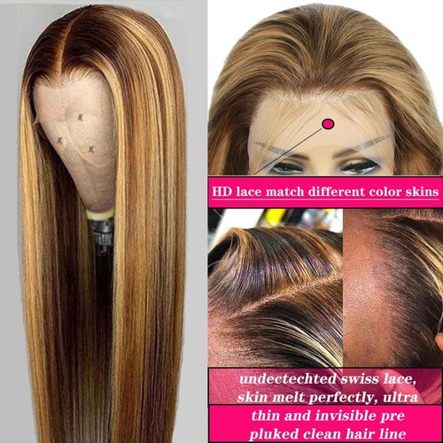 Cypha Ombre Lace Front Wig Human Hair Highlight 13x6 HD Straight Lace Front Wigs 180% Density 4/27 Colored Honey Blonde HD Lace Frontal Wigs For Women Glueless Pre Plucked with Baby Hair 30inch