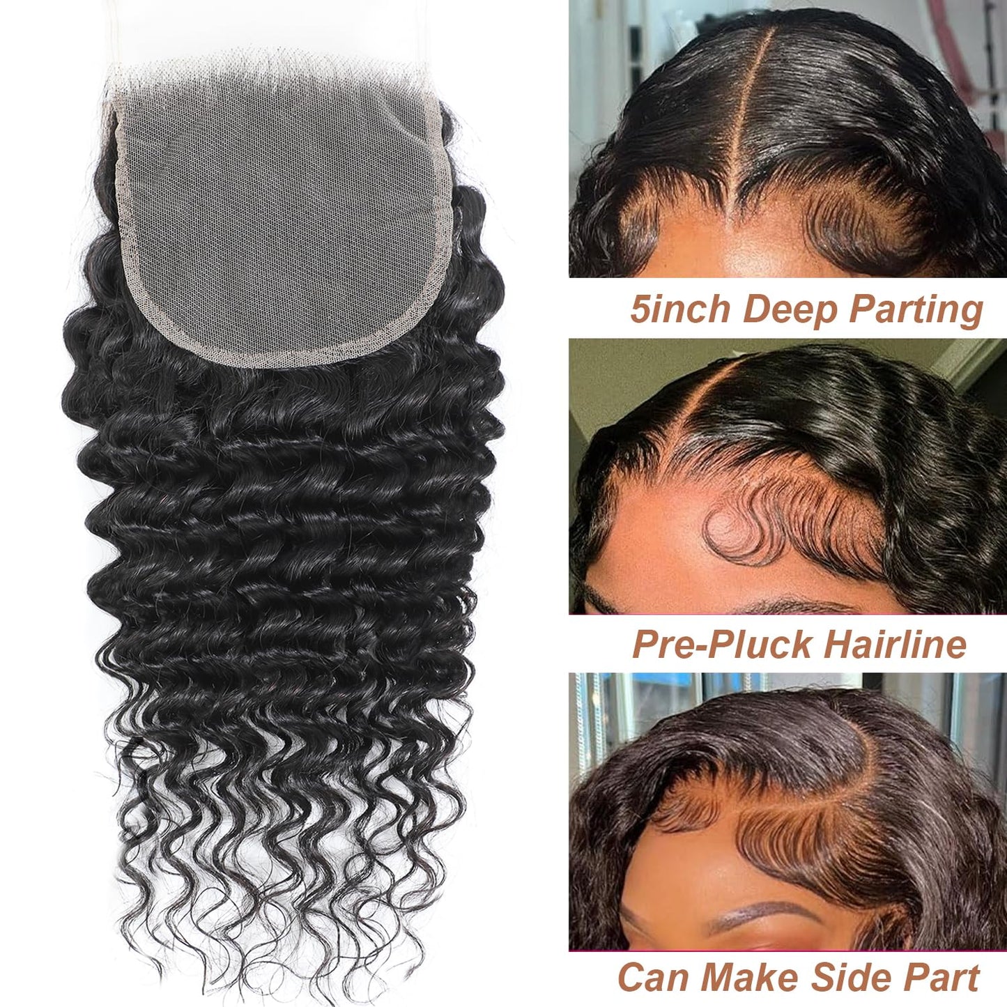 12A Human Hair Bundles with Closure-Deep Wave Bundles 14 16 18+12 Inch 5x5 HD Lace Closure Water Wave, Wet and Wavy 100% Brazilian Virgin Deep Curly 3 Bundles Human Hair Quick Weave Bundle for Women