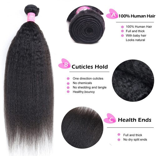 Kinky Straight Bundles 16 18 20 Brazilian Kinky Straight Human Hair Bundles Unprocessed Virgin Hair 3 Bundles 100g/Bundles Double Weft Yaki Straight Human Hair Weave Extensions Natural Color