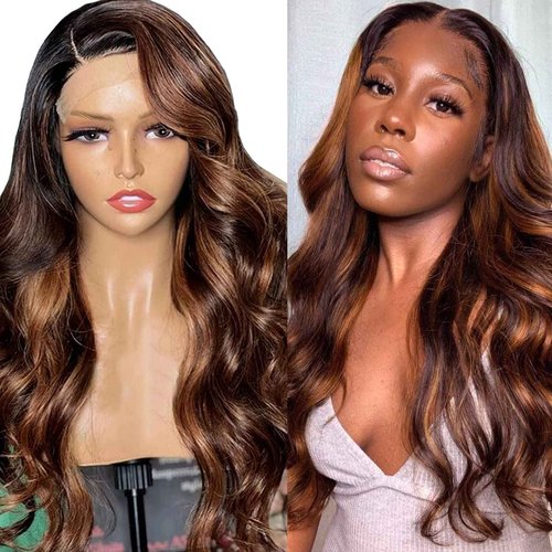 Highlight Ombre Lace Front Wig Human Hair 4x4 Balayage FB30 Body Wave Honey Blonde Lace Frontal Wigs with Baby Hair Natural Hairline Pre Plucked Brazilian Closure Wigs for Black Women 30inch