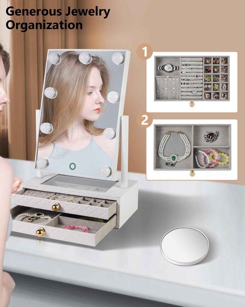 Star Vision 2-in-1 Large Lighted Hollywood Mirror & Jewelry Organizer, 3 Color Tones & Dimmable Light, 2-Layer Drawers, PU Surface with Stitching, Includes a 10X Magnification Mirror, White