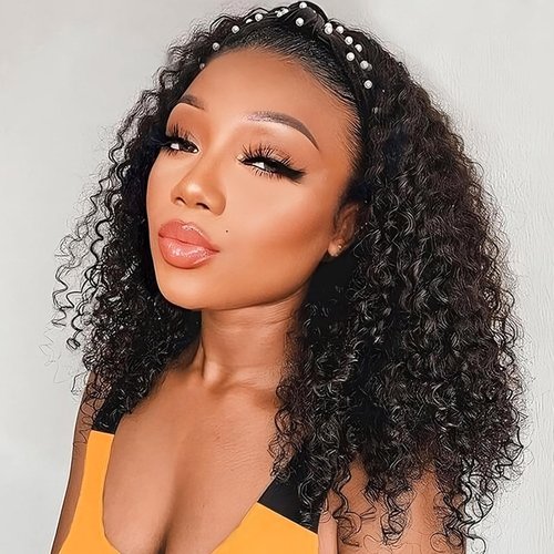 AISI QUEENS Headband Wig Human Hair For Black Women Curly Wigs Glueless Human Hair Short Curly Headband Wigs (18 Inch, Curly Headband Wigs)