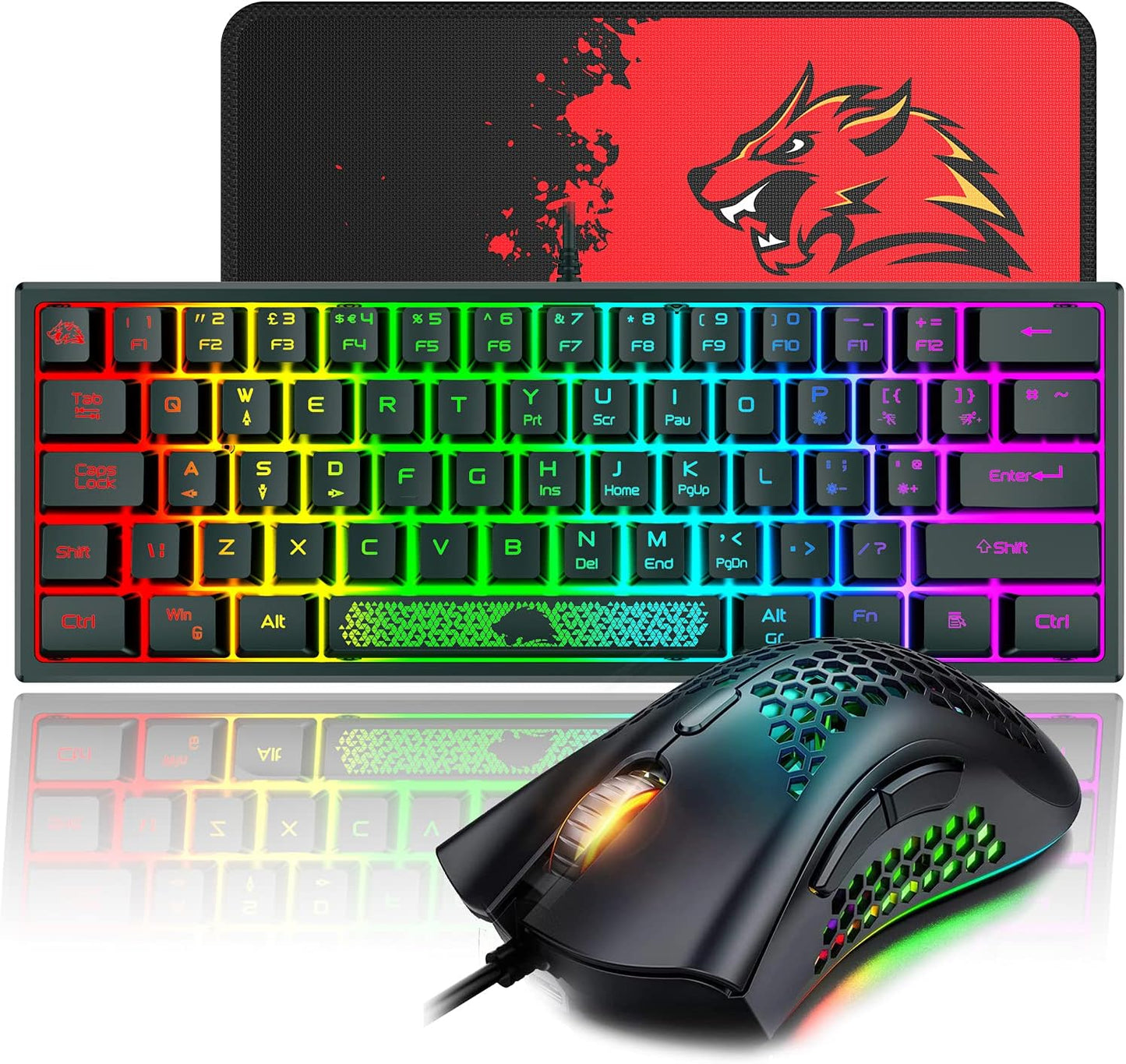 60% Gaming Keyboard and Mouse Combo Small Mini RGB Backlight Mechanical Feeling and Mechanical RGB 6400 DPI Honeycomb Optical Mouse,Gaming Mouse pad for Gamers and Typists Black