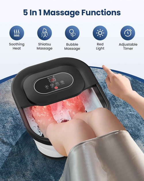 COMFIER Collapsible Foot Spa Bath Massager with Heat, Pedicure Foot Spa with Bubbles, Red Light, Pumice Stone and Shiatsu Massage Rollers, Heated Bath Spa for Relaxation and Stress Relief (Black)