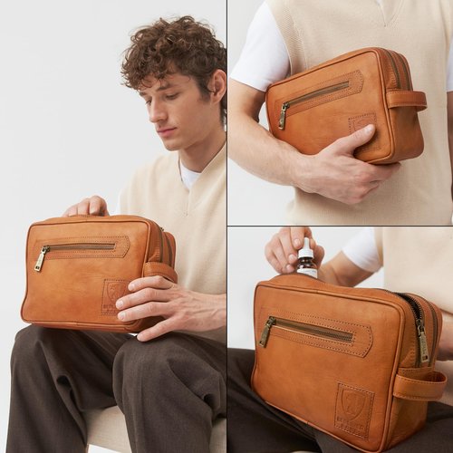 BERLINER BAGS Vintage Genuine Leather Toiletry Bag Paul, Two Zippered Compartments, Large Capacity Cosmetics Bag for Men and Women for Travel - Brown (2 Compartments)