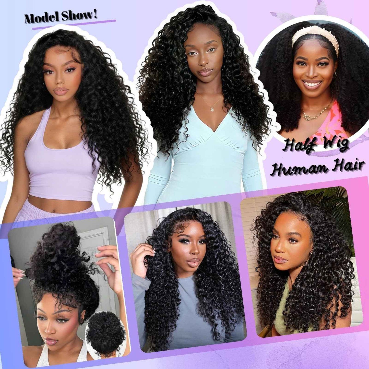 Glimeer Half Wig Human Hair Deep Wave 3 In 1 Drawstring Seamless Filp Over Curly Half Wig 200% Density Wear and Go Glueless Half Wigs for Black Women Natural Color 20 Inch