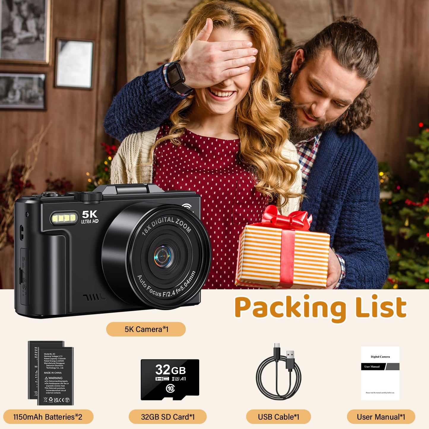 5K Digital Camera for Photography - WiFi 75MP Vlogging Cameras for YouTube - UHD Autofocus Video Camera 3" 180° Flip Screen with 18X Zoom - Compact Vlog Travel Camara with 32GB SD Card, 2 Batteries