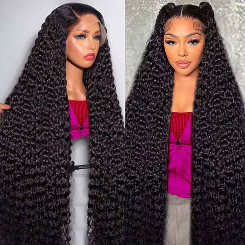 RJCY Deep Wave Lace Front Wigs 13x6 HD Transparent Human Hair Lace Front Wigs for Women 200 Density Deep Curly Human Hair Wigs Pre Plcked Deep Wave Frontal Wigs with Baby Hair 28 Inch