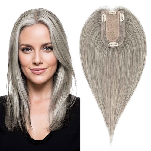 SEGO Grey Hair Toppers for Women Real Human Hair No Bangs, Salt and Pepper Hair Topper, 7 * 13 CM Silk Base Clip In Top Pieces -10 Inch G3 Light Grey Mix