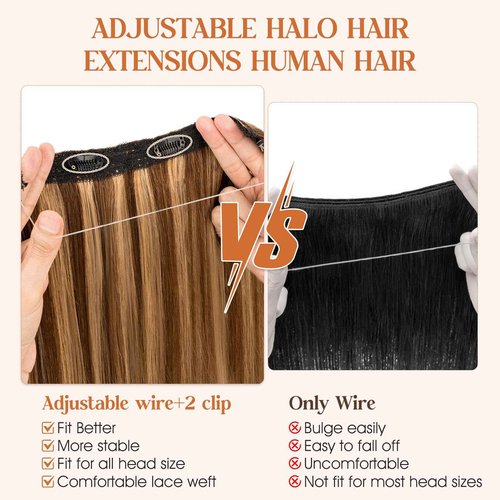 Halo Hair Extensions Real Human Hair, S-noilite Hair Halo Extensions for Women 22inch Medium Brown/Dark Blonde Halo Extensions Invisible Wire HairExtensions