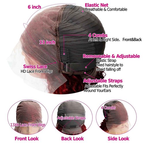 Bob Wig Human Hair 99j Burgundy 13x6 Deep Wave HD Lace Front Wigs Human Hair 250% Density Burgundy Bob Curly Lace Frontal Wigs Brazilian Virgin Human Hair Wigs Pre Plucked with Baby Hair (#99j,8Inch)