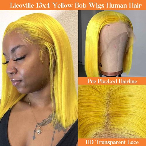 Licoville Yellow Bob Lace Front Wigs Human Hair 12 Inch Silky Straight Yellow Bob Wig 13x4 HD Frontal Lace Wig Pre Plucked Wear and Go Glueless Shor Bob Wigs Human Hair180% Density