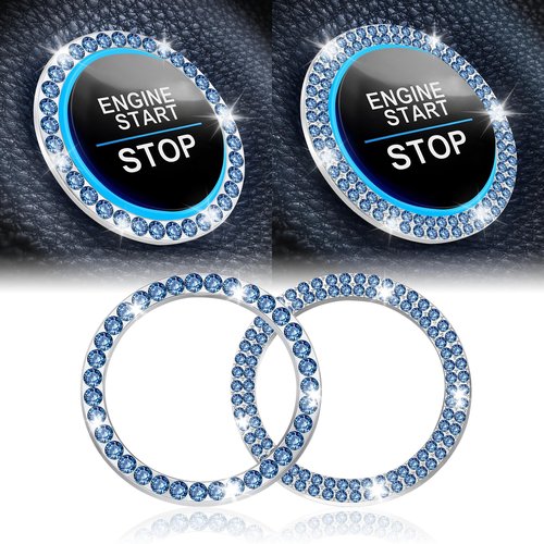 LivTee 2 PCS Crystal Combinatorial Rhinestone Car Engine Start Decoration Ring, Push to Start Button Cover Sticker, Bling Car Interior Accessories for Women, Automotive Decals, Light Blue