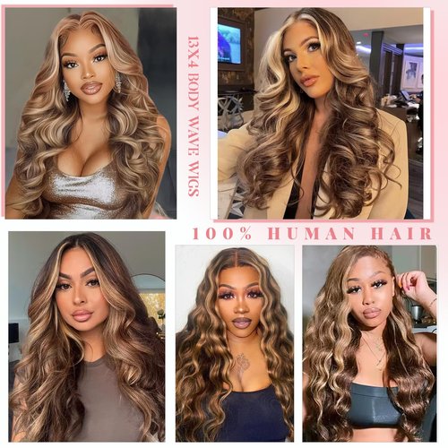 Munx Honey Blonde Highlight Wig Human Hair Ombre Body Wave Lace Front Wig 180 Density Full Ends 13X4 HD Lace Frontal Wigs Human Hair Pre Plucked 4/27 Colored Lace Wigs 28in