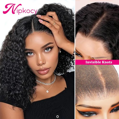 Nipkocy Bob Wig Human Hair Short Deep Curly 16inch 180% Density 13x6 Frontal Hd Lace Wig Wet And Wavy Deep Wave Lace Front Wigs Human Hair For Black Women 100 Real Curly Human Hair Natural Black