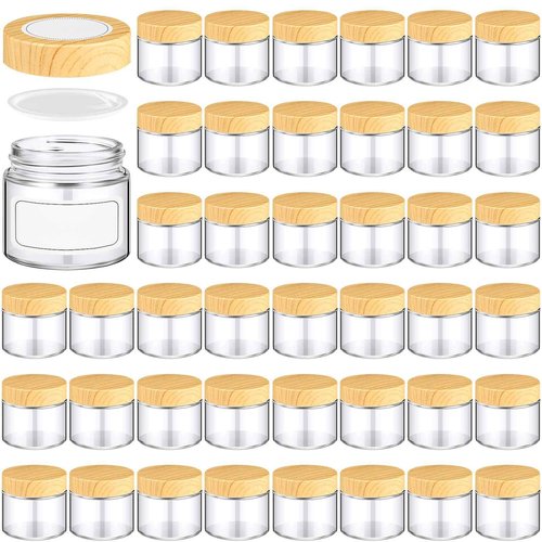 Layhit 64 Pcs 2oz Glass Jars with Lids Clear Small Jars with Plastic Woodgrain Lids, White Labels and Inner Liners Empty Round Cosmetic Containers for Creams Lotions Candle Making (2oz/ 60ml)