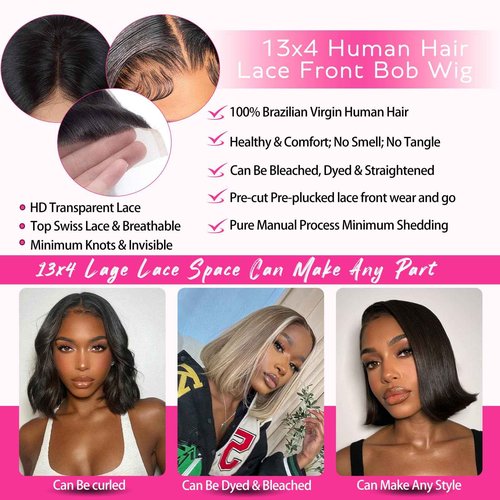 TruhLius Wear and Go Glueless Bob Wig Human Hair 16 Inch Natural Black 13x4 Lace Front Wigs Human Hair Pre Plucked Pre Cut 200 Density Short Straight Bob Wigs for Black Women