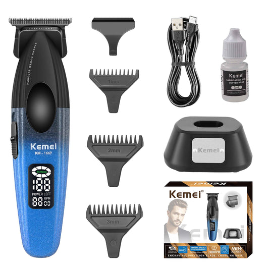 KEMEI 1669 Beard Trimmer for Men, Cordless Hair Trimmers with LED Display, 9000 RPM Hair Clippers for Barber with Charging Base, DLC Coated T-Blade