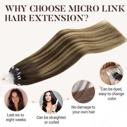 MAXITA Microlink Hair Extensions Human Hair Balayage Dark Brown Mixed Chestnut Brown Micro Bead Hair Extensions Virgin Human Hair, 50g/50 Strands/Pack, 24 In