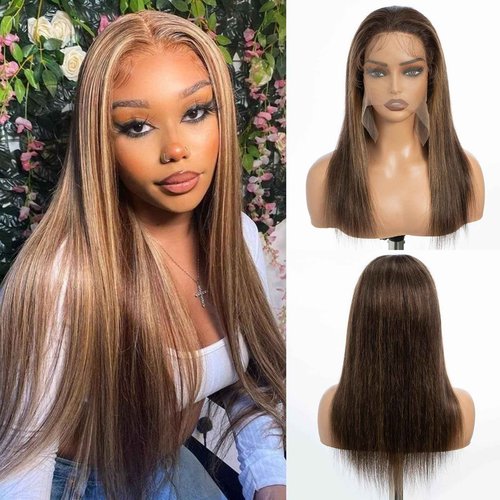 DÉBUT Ombre Highlight Brown Glueless Wigs Human Hair Pre Plucked Straight Hair Lace Front Wigs 5x5 HD Lace Closure Wig for Women Daily Use 18 Inches