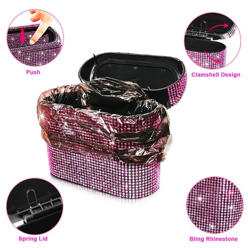 Accmor Bling Car Trash Can with Lid, Vehicle Trash Bin Car Dustbin Garbage Organizer Storage, Sparkling Crystal Mini Auto Trash Bags Holder Container with 30pcs Garbage Bags for Cars, SUV, Truck