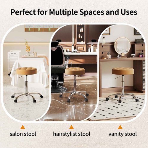 FIRAVOE Rolling Stool Adjustable Height (300lbs Capacity) (Sturdy Aluminum Base) Swivel Massage Stool with Wheels (Camel Brown)