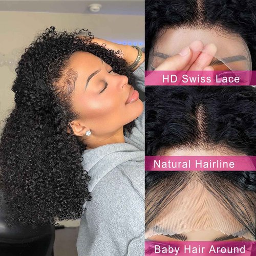 ijoy Kinky Curly Wig Human Hair 13x4 Lace Front Wigs 180 Density, 14 Inch Pre Plucked Afro Curly Human Hair Wig for Women, Natural Black, 4a/4b, Full and Thick(14inch)