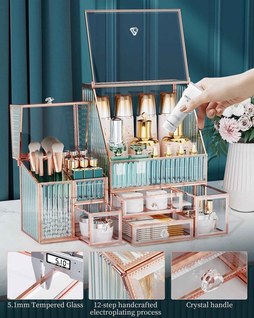 Youdepot Glass Makeup Organizer - Multi-Functional 3-in-1 Cosmetic Organizer for Skincare, Lipstick, Brushes - Vanity Organizer & Bathroom Organizer