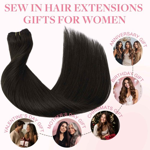 GOO GOO Sew in Hair Extensions Real Human Hair, Weft Hair Extensions Human Hair, 2 Dark Brown 18inch 100g, Weft Bundles Straight Silky Remy Hair