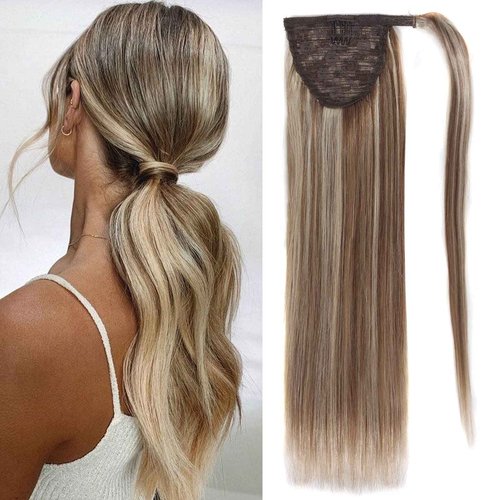 Ugrace Hair Blonde Ponytail Extension Human Hair Ponytail For Women Clip In Hair Extensions Wrap Around Long Ponytail Remy Straight One Piece Hairpiece Hair(16 inch, Highlight P10/613)