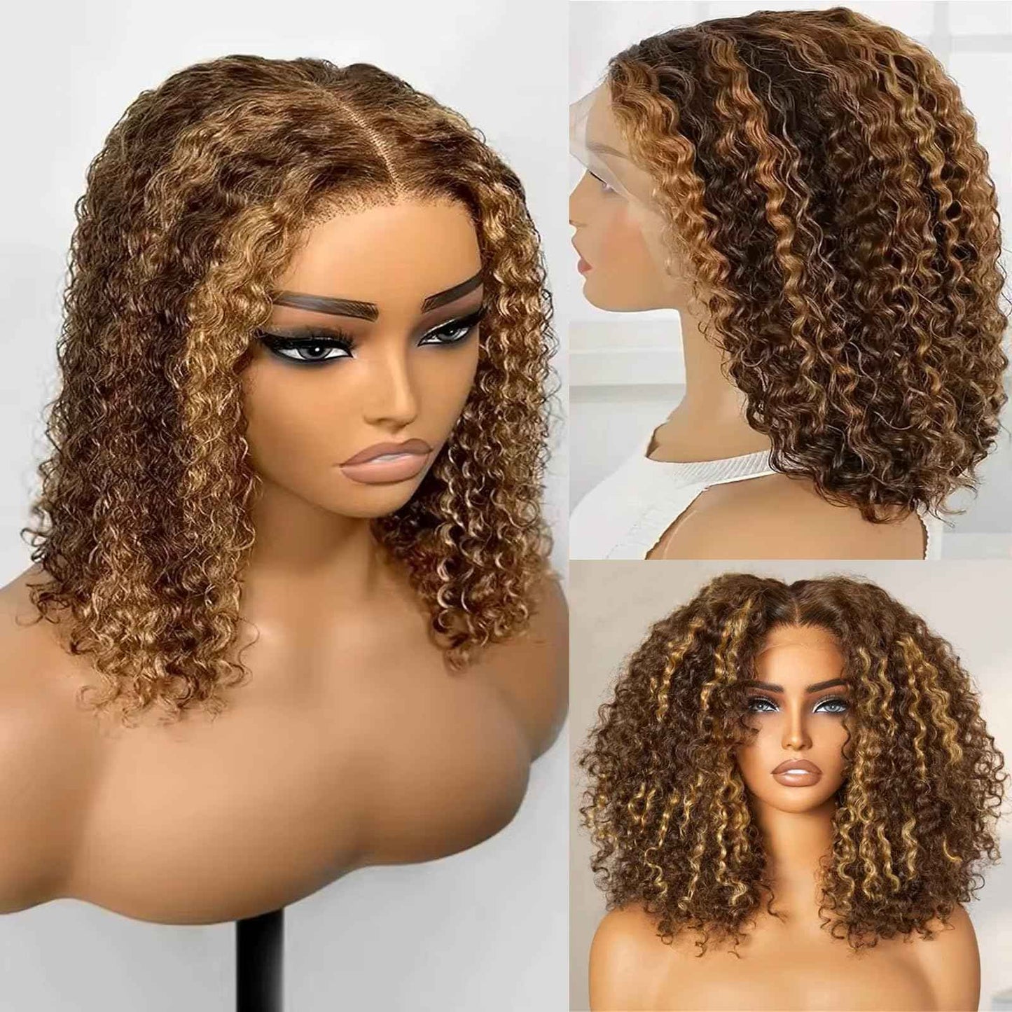 4/27 Bob Wig Human Hair 13x6 HD Transparent Lace Front Wigs Highlight Ombre Deep Curly Frontal Wigs Human Hair Pre Plucked Human Hair Wigs for Women 200% Density 18 Inch
