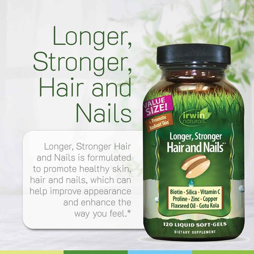 Irwin Naturals Longer, Stronger Hair and Nails - 120 Liquid Softgels, 2 Pack - Promotes Vibrant Shine Texture & Strength - 120 Total Servings