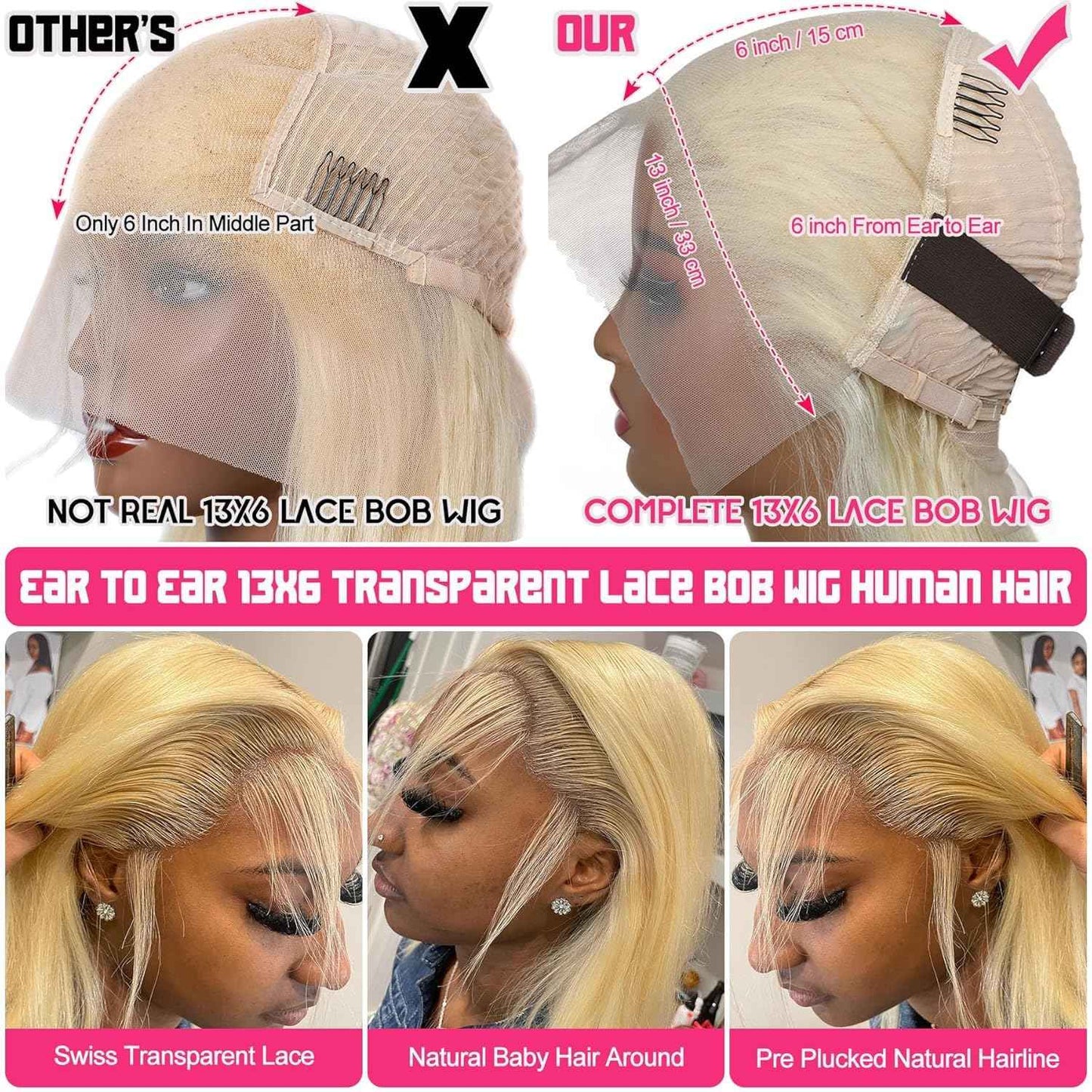 Honey Blonde 13x6 Transparent Lace Frontal Wigs For Black Women 180% Density 13x6 Blonde Short Straight Lace Bob Wigs Human Hair Pre Plucked Brazilian Remy Human Hair Blonde Glueless Lace Wig 16 Inch