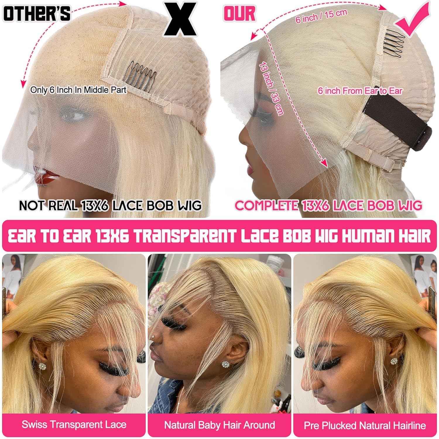 Honey Blonde 13x6 Transparent Lace Frontal Wigs For Black Women 180% Density 13x6 Blonde Short Straight Lace Bob Wigs Human Hair Pre Plucked Brazilian Remy Human Hair Blonde Glueless Lace Wig 16 Inch