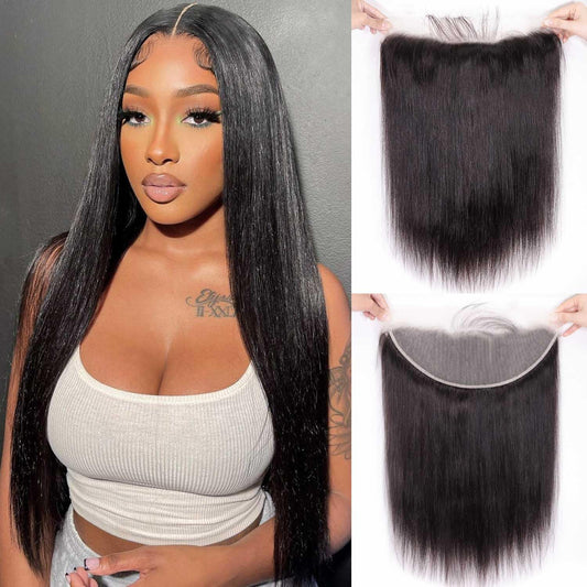 13x4 Lace Frontal Closure Straight Human Hair Ear to Ear HD Lace Free Part Brazilian Hair Extensions 0.095 mm Ultra Thin Invisible Lace Closure Pre Plucked Natural Hairline with Baby Hair 14Inch