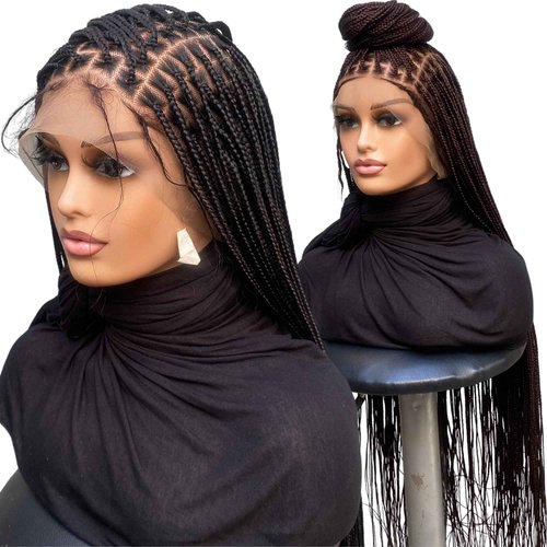 SIREZDOEL 30" Knotless Braided Wigs For Black Women On Single Swiss Full Lace Wig With Baby Hairs Glueless Knotless Box Braid Wig Synthetic Handmade Long Braid Wig (NATURAL BLACK COLOR 2)
