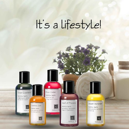 Assorted Travel Size Bubble Bath Collection (Set of 5) by Nabila K - Forest Experience, Sunshine Zest, Rose Garden, Sweet Surrender, Heart of Provence - Essential Oils with Natural Ingredients - 2 oz